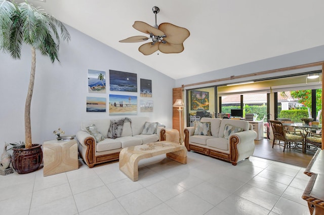 tiled living room with ceiling fan and lofted ceiling