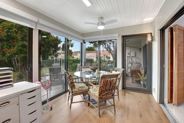 sunroom featuring ceiling fan and wood ceiling