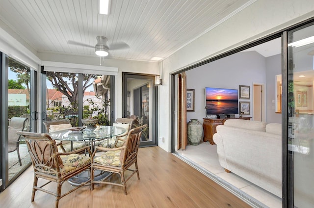 sunroom with ceiling fan and wooden ceiling