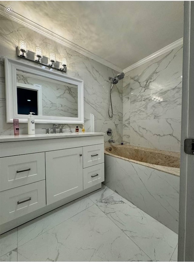 bathroom featuring vanity, shower / washtub combination, and ornamental molding