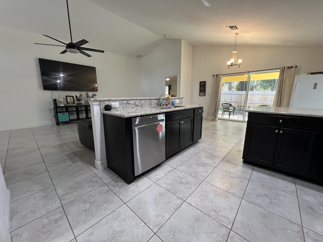 kitchen featuring hanging light fixtures, dishwasher, lofted ceiling, and a kitchen island with sink