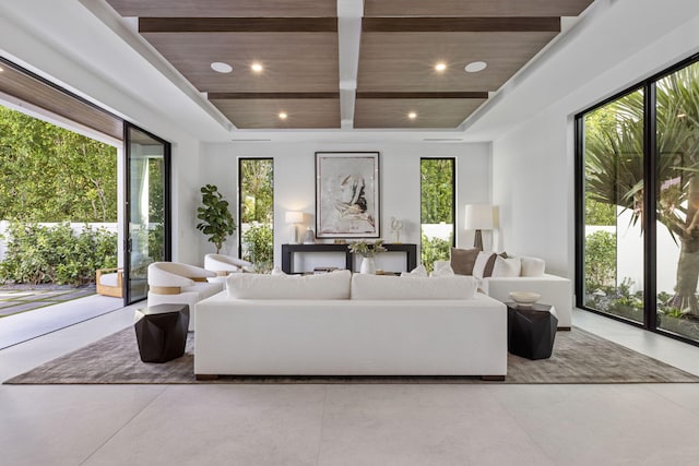 living room featuring a raised ceiling, plenty of natural light, and wooden ceiling