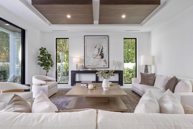 living room with plenty of natural light, wooden ceiling, and a tray ceiling