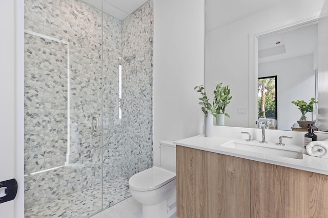 bathroom featuring toilet, vanity, and walk in shower