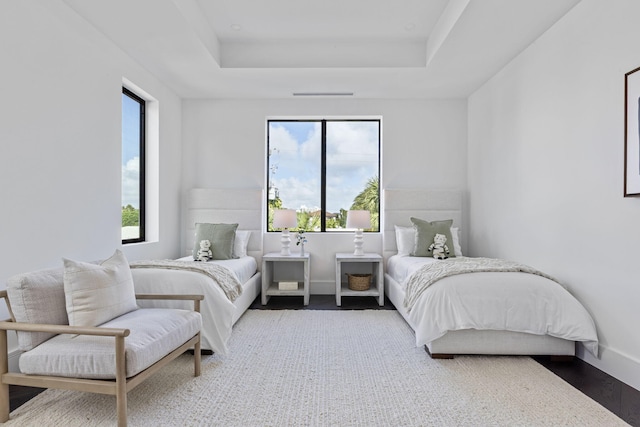 bedroom featuring a tray ceiling, multiple windows, and wood-type flooring