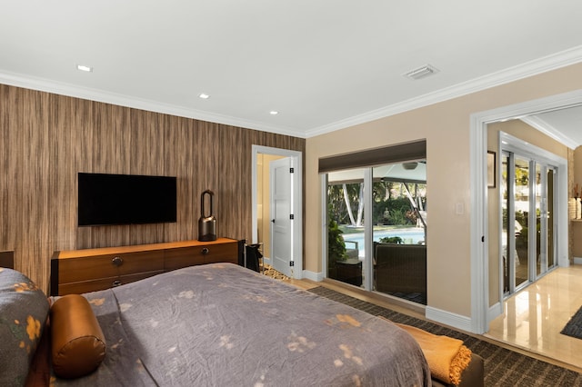 bedroom featuring access to exterior and crown molding