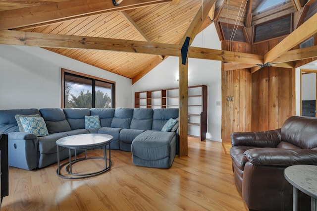 living room featuring light hardwood / wood-style flooring, beamed ceiling, high vaulted ceiling, wood walls, and wood ceiling