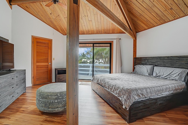 bedroom with access to outside, ceiling fan, light wood-type flooring, beam ceiling, and wood ceiling