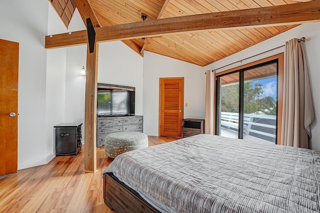 bedroom featuring access to exterior, lofted ceiling with beams, light hardwood / wood-style flooring, and wood ceiling