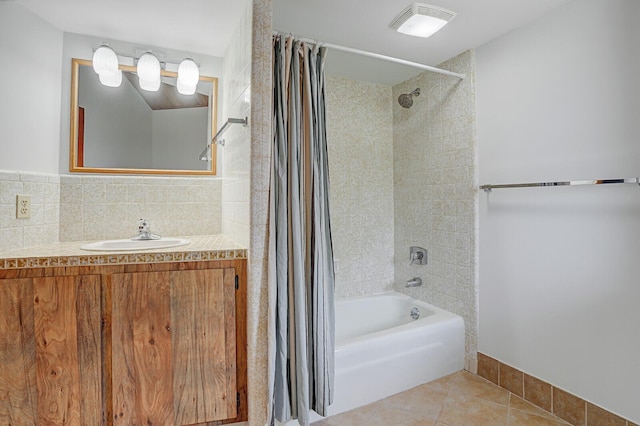 bathroom featuring tile patterned floors, decorative backsplash, shower / bath combo with shower curtain, and vanity