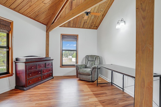 sitting room with ceiling fan, light hardwood / wood-style floors, wood ceiling, and vaulted ceiling