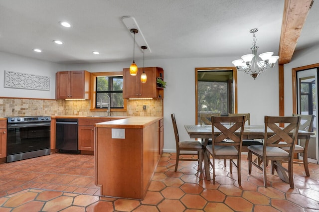 kitchen with electric range, hanging light fixtures, black dishwasher, wooden counters, and decorative backsplash