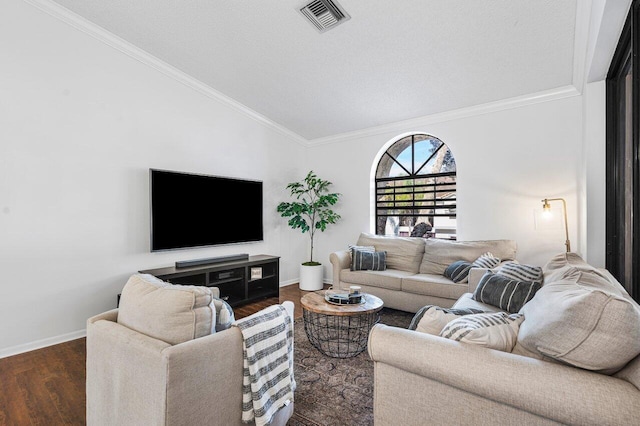 living room featuring ornamental molding, lofted ceiling, and dark wood-type flooring