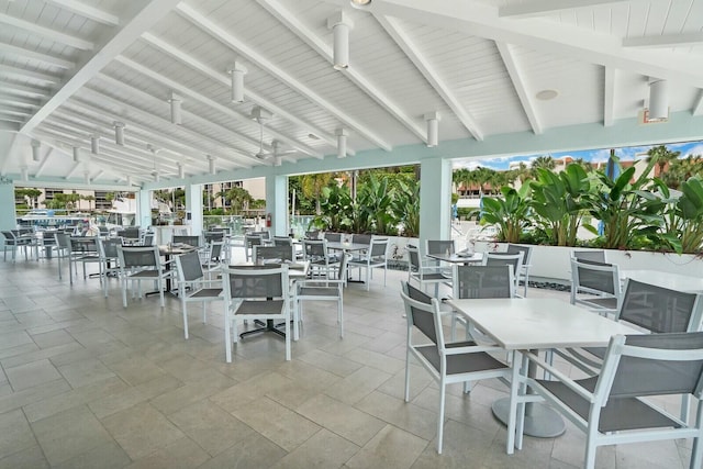 view of patio with a water view