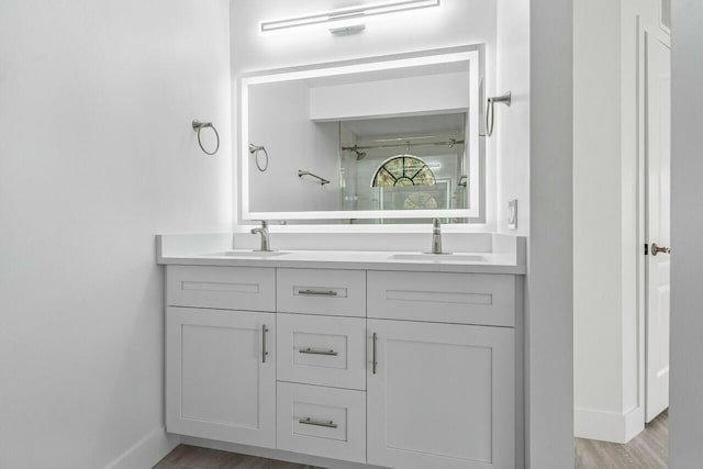 bathroom with vanity and wood-type flooring