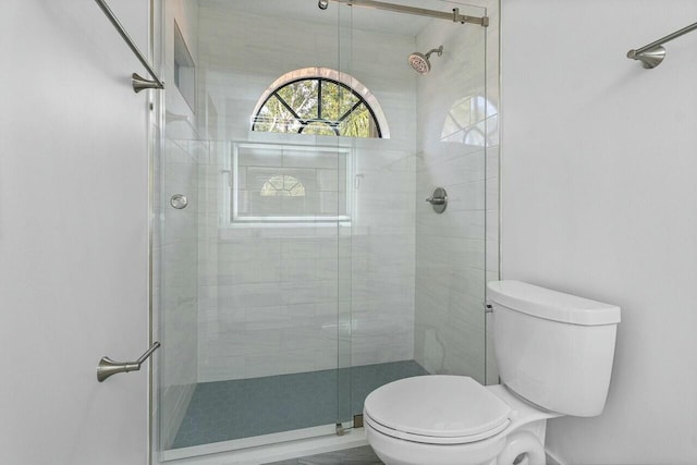 bathroom featuring toilet and a shower with shower door