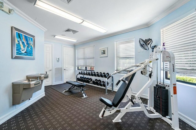 exercise room featuring crown molding