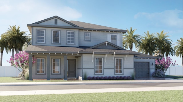 view of front facade featuring a garage and fence