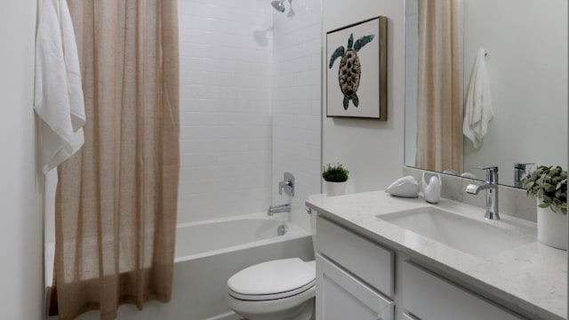 full bathroom with vanity, toilet, and shower / bathtub combination with curtain