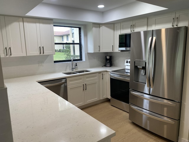 kitchen with decorative backsplash, sink, white cabinets, and stainless steel appliances