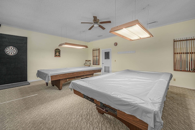 game room with visible vents, ceiling fan, carpet floors, a textured ceiling, and billiards