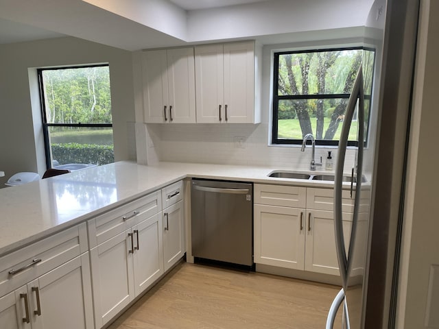 kitchen featuring a sink, decorative backsplash, appliances with stainless steel finishes, white cabinetry, and light wood-type flooring