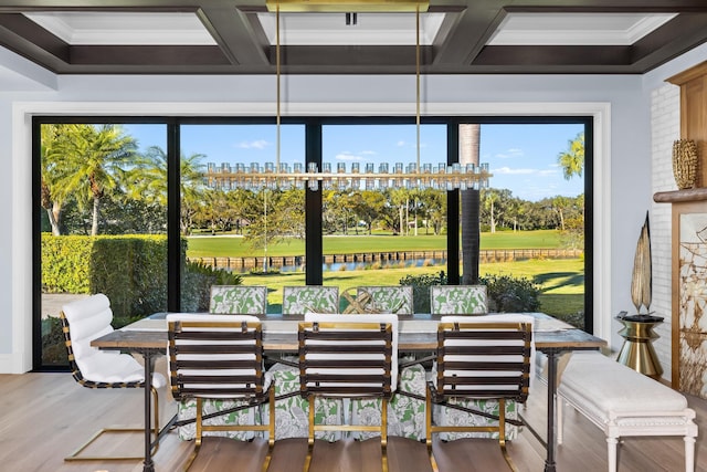 sunroom with coffered ceiling