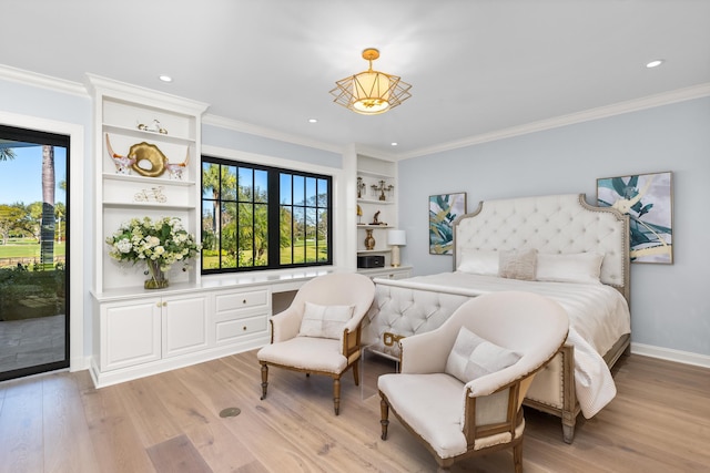 bedroom featuring crown molding, light hardwood / wood-style floors, and access to exterior