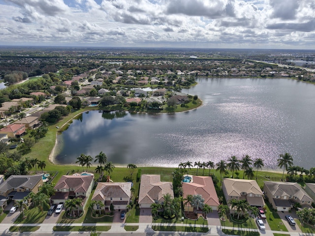 drone / aerial view featuring a water view