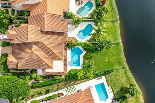 aerial view featuring a water view