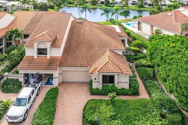 aerial view featuring a water view