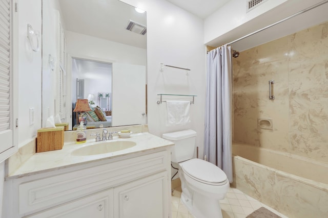 full bathroom with toilet, tile patterned flooring, shower / bath combo with shower curtain, and vanity