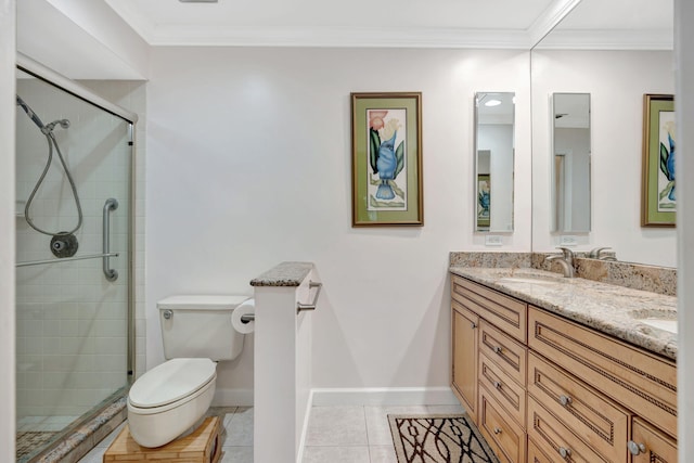 bathroom featuring toilet, ornamental molding, a shower with shower door, and tile patterned flooring