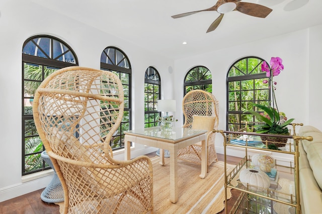 interior space featuring hardwood / wood-style flooring, plenty of natural light, and ceiling fan