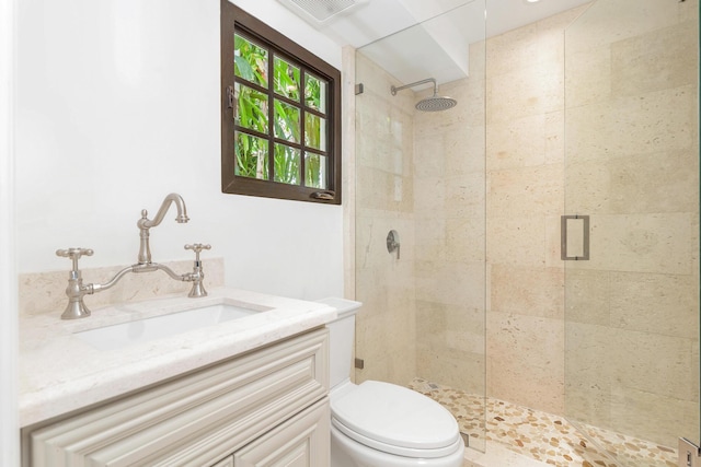 bathroom with vanity, toilet, and walk in shower