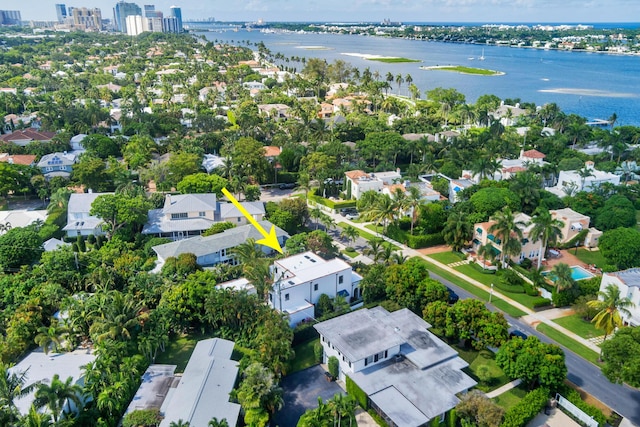 aerial view featuring a water view