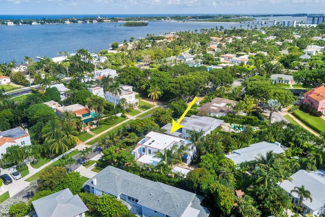 bird's eye view with a water view