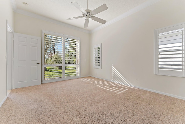 carpeted spare room featuring a textured ceiling, ceiling fan, and crown molding