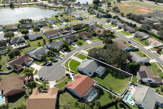 drone / aerial view featuring a water view