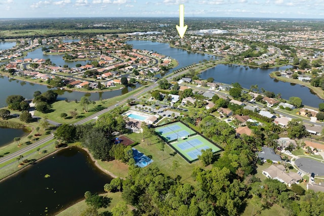 aerial view featuring a water view