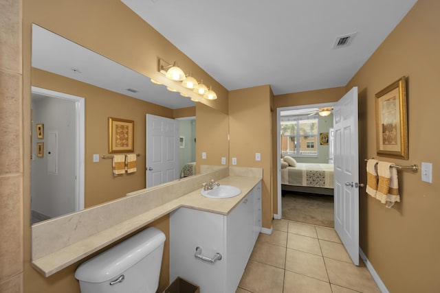 bathroom with ceiling fan, tile patterned flooring, vanity, and toilet