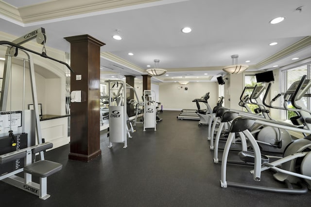 gym with ornamental molding