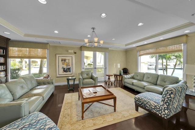 living room featuring dark hardwood / wood-style floors, a raised ceiling, and plenty of natural light