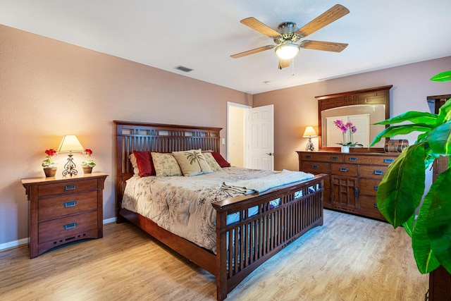 bedroom featuring ceiling fan and light wood-type flooring