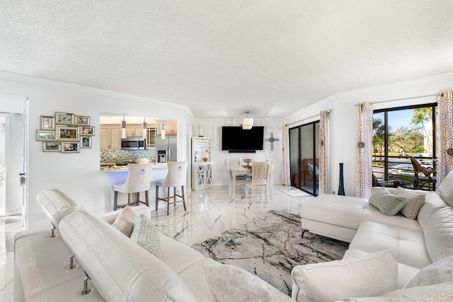 living room featuring crown molding and a textured ceiling