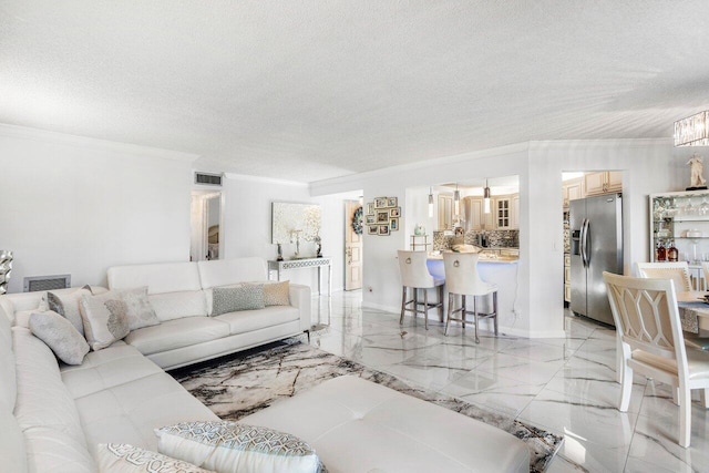 living room featuring a textured ceiling and crown molding