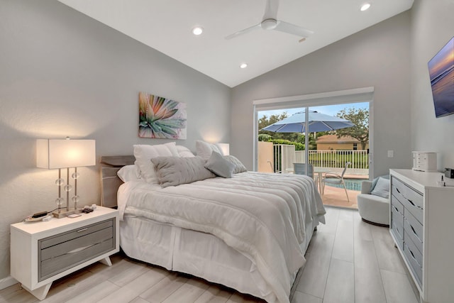 bedroom with access to exterior, ceiling fan, light hardwood / wood-style flooring, and lofted ceiling