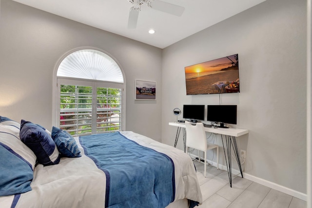 bedroom featuring ceiling fan and light wood-type flooring