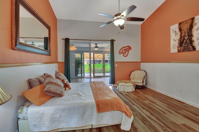 bedroom featuring access to exterior, ceiling fan, and hardwood / wood-style floors