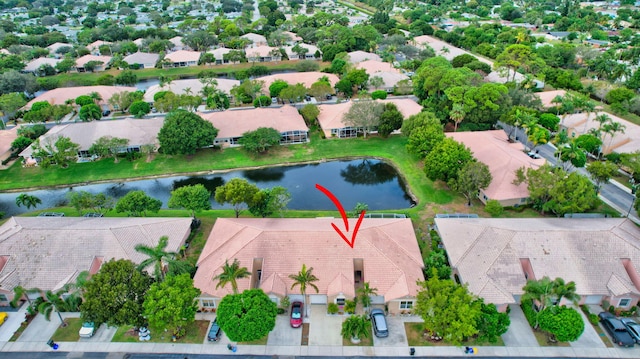 drone / aerial view featuring a water view